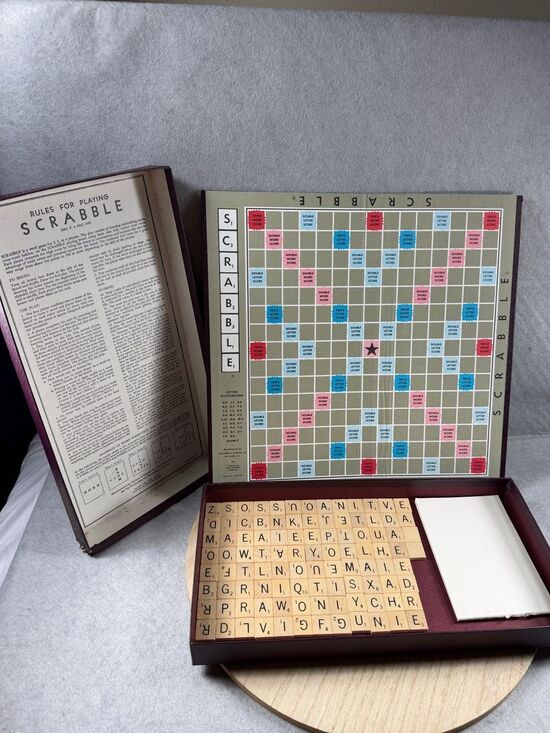 Scrabble Other - VTG 1953 Scrabble Board Game Wood Letter Tiles Dark Red OG Box & Manual In Lid